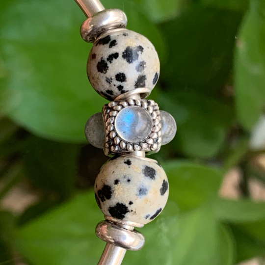 Awsome Dalmation Jasper Beads Gemstone Artisan Beads with Small Silver Core Fit for European Charm Trollbeads Bracelet or Pandora Bangle
