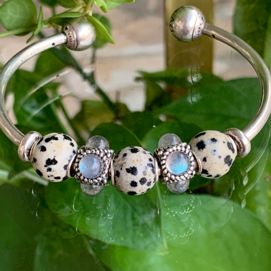 Awsome Dalmation Jasper Beads Gemstone Artisan Beads with Small Silver Core Fit for European Charm Trollbeads Bracelet or Pandora Bangle