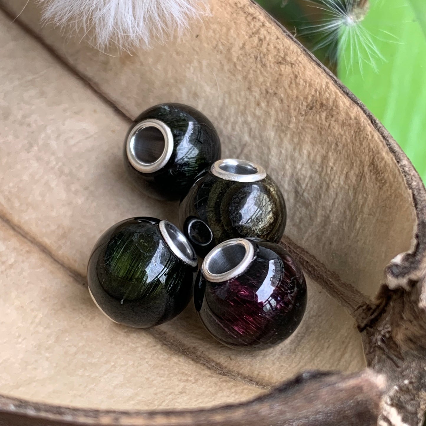 Natural Schorl Black Tourmaline Bead with Small Core Fits European Charm Bracelets