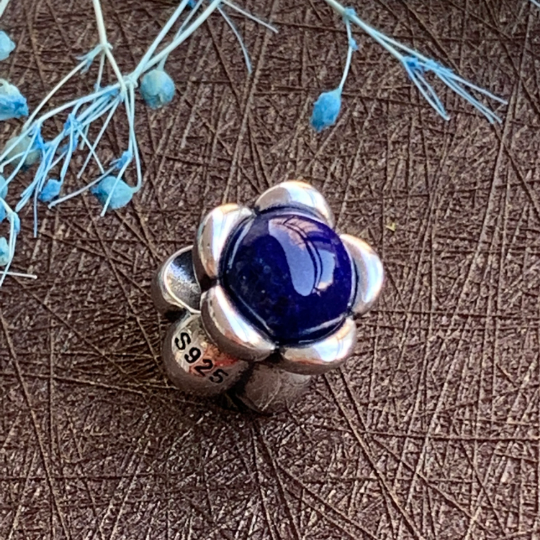 Double-sided Gemstone Silver Flower Charm Beads Lapis Lazuli Rodolite Opal for European Trollbeads Pandora Bracelets and Bangles