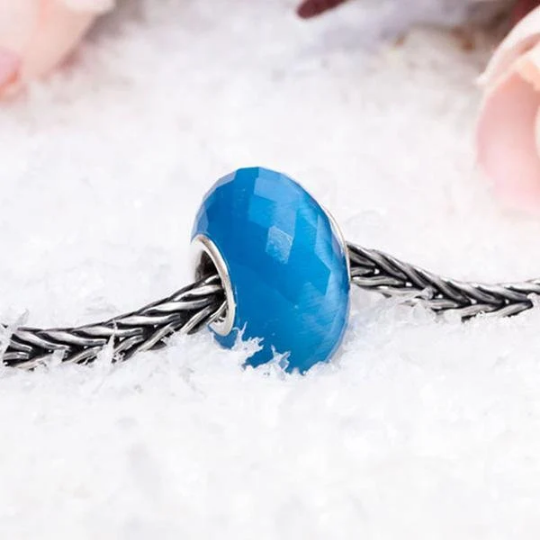 Faceted Blue Cat's Eye Gemstone Cat Eye Bead with Sterling Silver Core for European Charm Bracelets