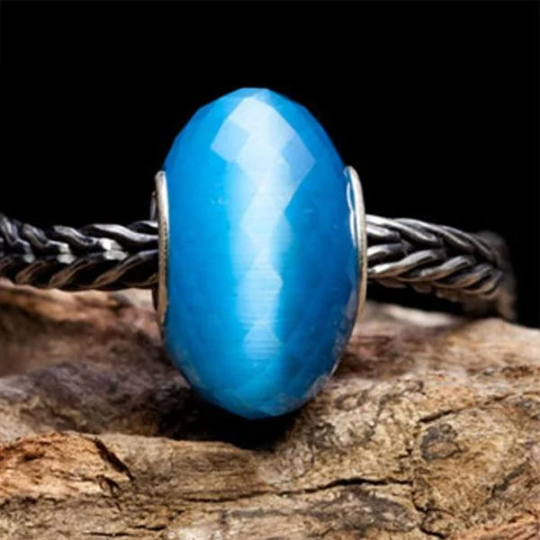 Faceted Blue Cat's Eye Gemstone Cat Eye Bead with Sterling Silver Core for European Charm Bracelets