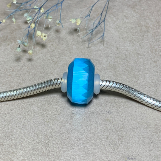 Faceted Blue Cat's Eye Gemstone Cat Eye Bead with Sterling Silver Core for European Charm Bracelets