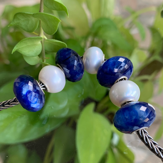 Natural Gemstone Beads Faceted Blue Kyanite Cyanite Disthene beads with Silver Core for European Charm Trollbeads Bracelet or Pandora Bangle