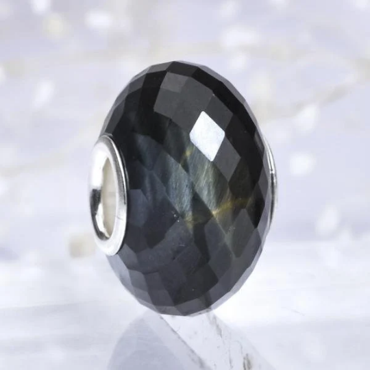 Faceted Blue Tiger's Eye Gemstone Bead with Sliver Core for European Charm Bracelets