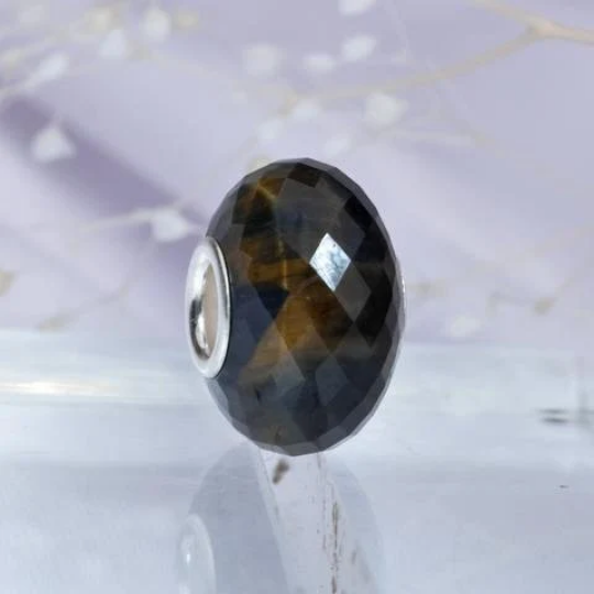 Faceted Blue Tiger's Eye Gemstone Bead with Sliver Core for European Charm Bracelets