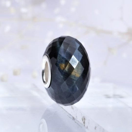 Faceted Blue Tiger's Eye Gemstone Bead with Sliver Core for European Charm Bracelets