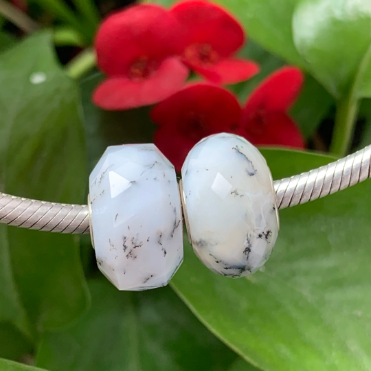 Cute Faceted Dendritic Agate Gemstone Bead Milky White Dendritic Agate with Sterling Silver Core for European Charm Bracelets Inactive Photos