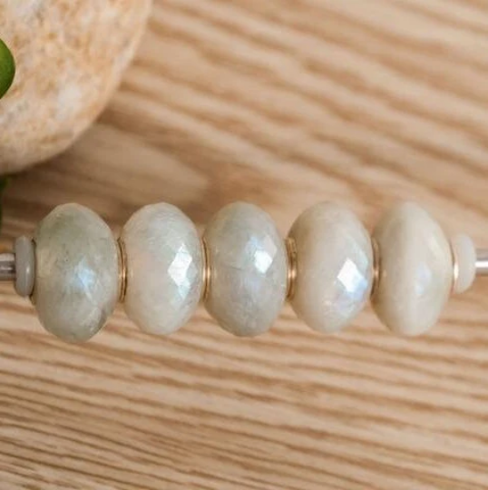 Faceted Natural Grey Moonstone Bead with Silver Core for European Bracelets