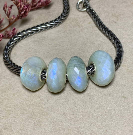Faceted Natural Grey Moonstone Bead with Silver Core for European Bracelets