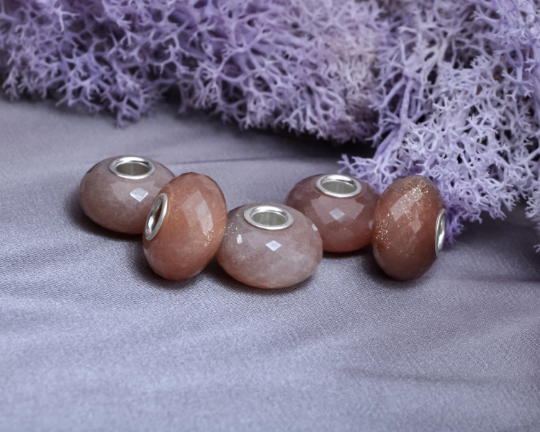 Faceted Natural Orange Moonstone Bead with Silver Core for European Bracelets