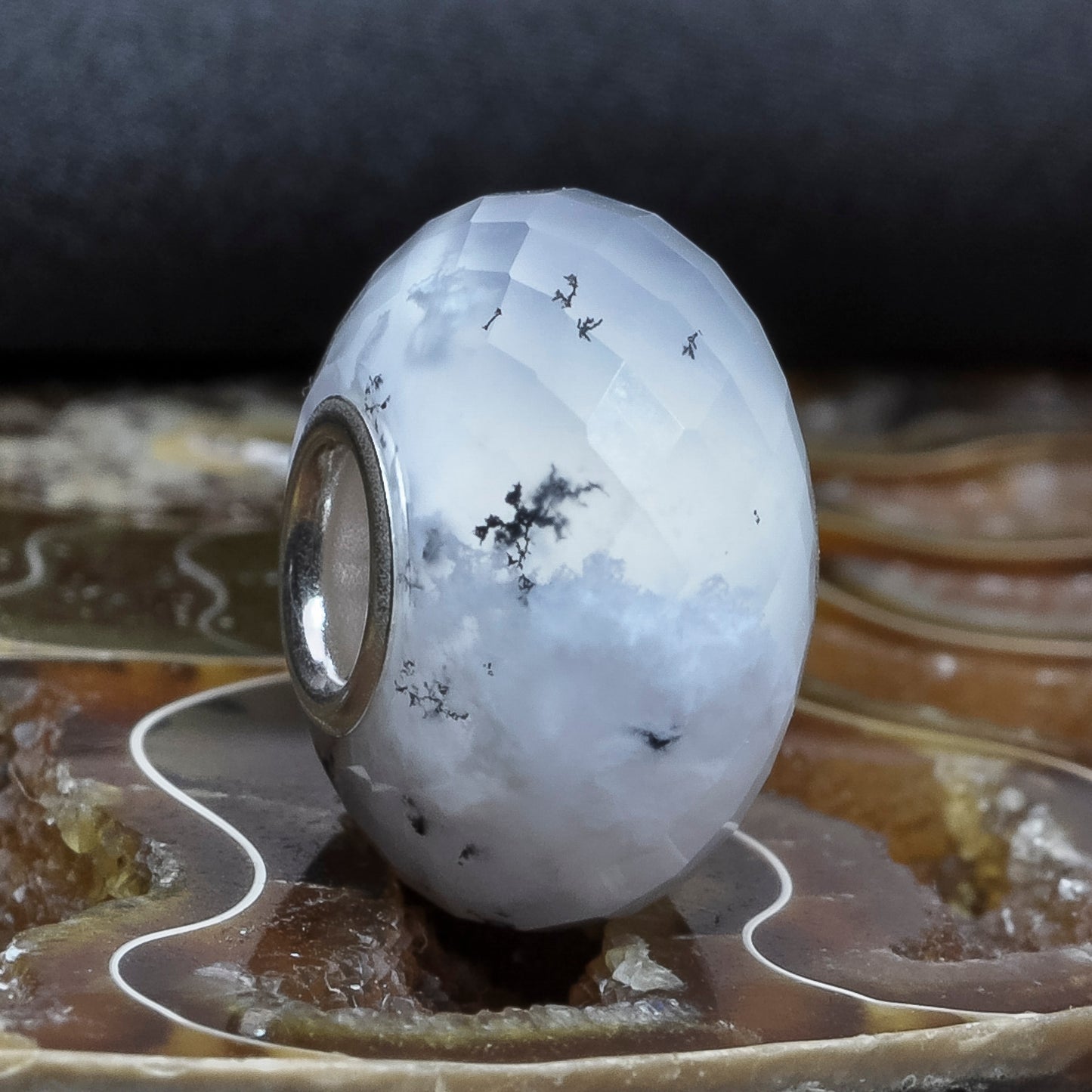 Faceted Dendritic Agate Carnelian Gemstone Bead with Sterling Silver Core for European Charm Bracelets