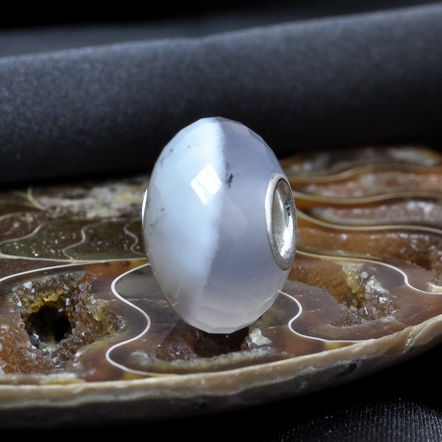 Faceted Dendritic Agate Carnelian Gemstone Bead with Sterling Silver Core for European Charm Bracelets