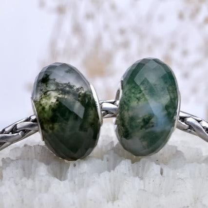 Natural Faceted Green Waterweeds Agate Carnelian Bead with Big Silver Core fits European Bracelets