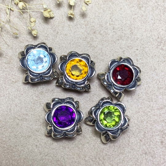 Ampearlbeads Faceted Gemstone Flower Silver Beads Spacer Amethyst Olivine Citrine Rhodolite Zircon for European Bracelets Bangles