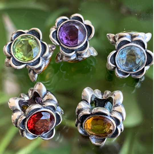 Ampearlbeads Faceted Gemstone Flower Silver Beads Spacer Amethyst Olivine Citrine Rhodolite Zircon for European Bracelets Bangles