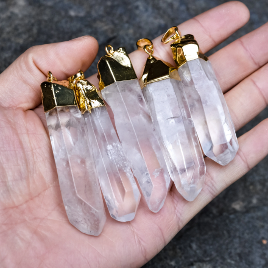 Gold Plated Raw Transparent Rock Crystal Quartz White Crystal Natural Layering Pendant