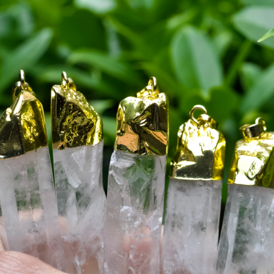 Gold Plated Raw Transparent Rock Crystal Quartz White Crystal Natural Layering Pendant