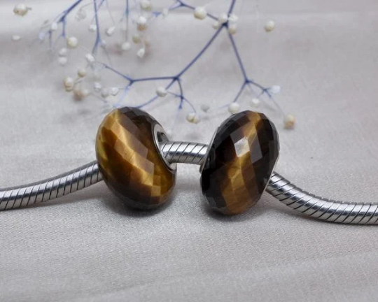 Faceted Golden Brown Tiger's Eye Gemstone Sliver Core Bead for European Charm Bracelets