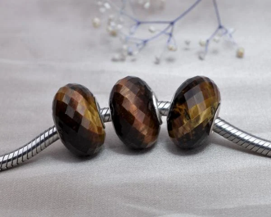 Faceted Golden Brown Tiger's Eye Gemstone Sliver Core Bead for European Charm Bracelets