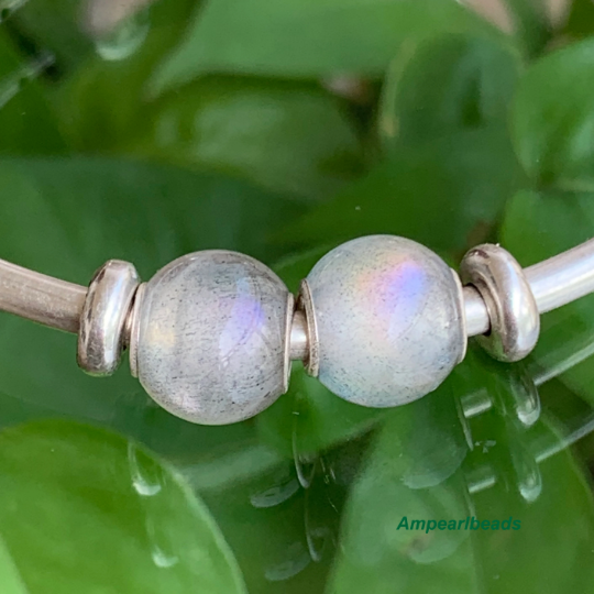 Gorgeous Mini Round Grey Labradorite Gemstone Beads with Silver Core Fit European Trollbeads Pandora Bracelets or Bangles