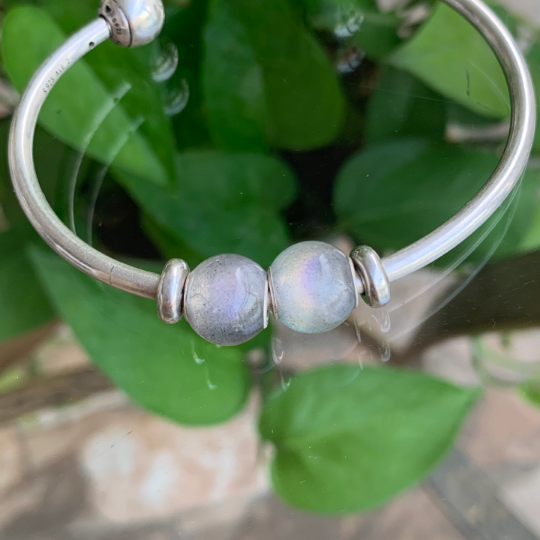 Gorgeous Mini Round Grey Labradorite Gemstone Beads with Silver Core Fit European Trollbeads Pandora Bracelets or Bangles