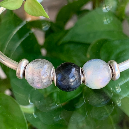 Gorgeous Mini Round Grey Labradorite Gemstone Beads with Silver Core Fit European Trollbeads Pandora Bracelets or Bangles