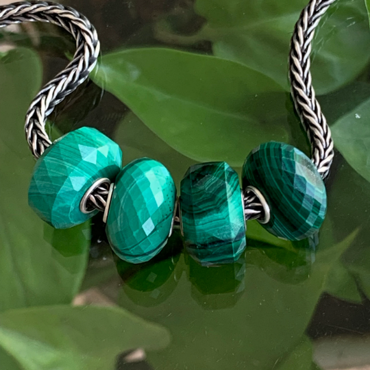 Green Malachite Bead Natural Faceted Gemstone Beads with Sterling Silver Core for European Bracelets or Bangles