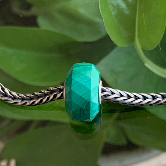 Green Malachite Bead Natural Faceted Gemstone Beads with Sterling Silver Core for European Bracelets or Bangles