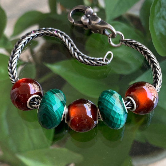 Green Malachite Bead Natural Faceted Gemstone Beads with Sterling Silver Core for European Bracelets or Bangles