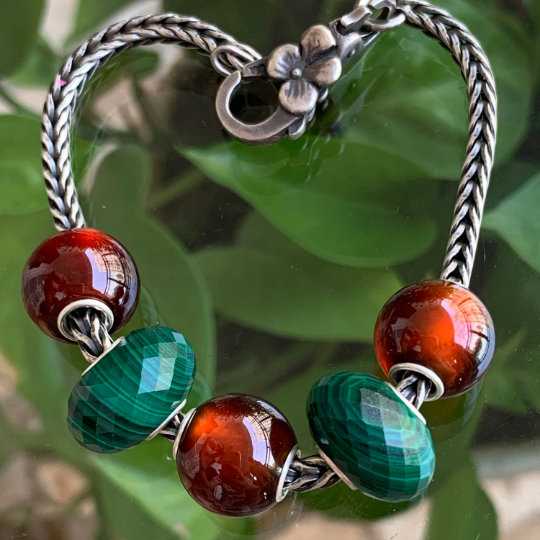 Green Malachite Bead Natural Faceted Gemstone Beads with Sterling Silver Core for European Bracelets or Bangles