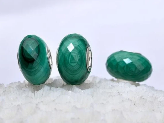 Green Malachite Bead Natural Faceted Gemstone Beads with Sterling Silver Core for European Bracelets or Bangles