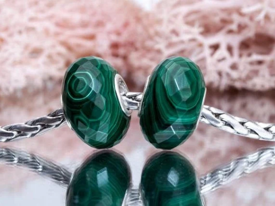 Green Malachite Bead Natural Faceted Gemstone Beads with Sterling Silver Core for European Bracelets or Bangles