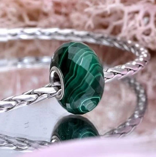 Green Malachite Bead Natural Faceted Gemstone Beads with Sterling Silver Core for European Bracelets or Bangles