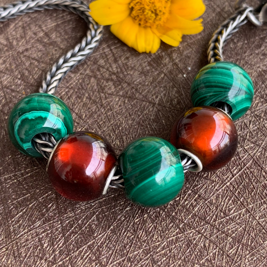 Green Malachite Mini Round Bead with Small Sterling Silver Core Adorable Bracelet