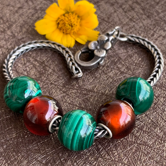 Green Malachite Mini Round Bead with Small Sterling Silver Core Adorable Bracelet