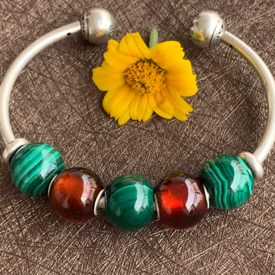 Green Malachite Mini Round Bead with Small Sterling Silver Core Adorable Bracelet