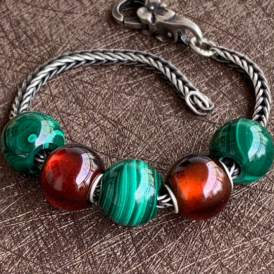 Green Malachite Mini Round Bead with Small Sterling Silver Core Adorable Bracelet