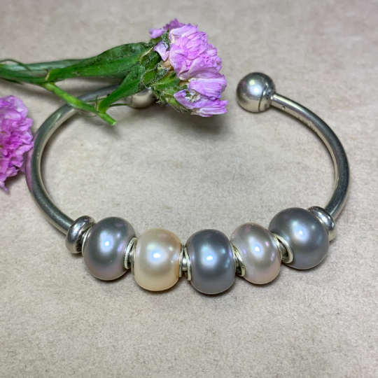 Grey Freshwater Pearl Oval Beads with Small Core for European Trollbeads Bracelets or Pandora Bangles