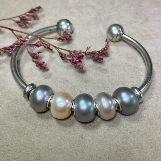 Grey Freshwater Pearl Oval Beads with Small Core for European Trollbeads Bracelets or Pandora Bangles