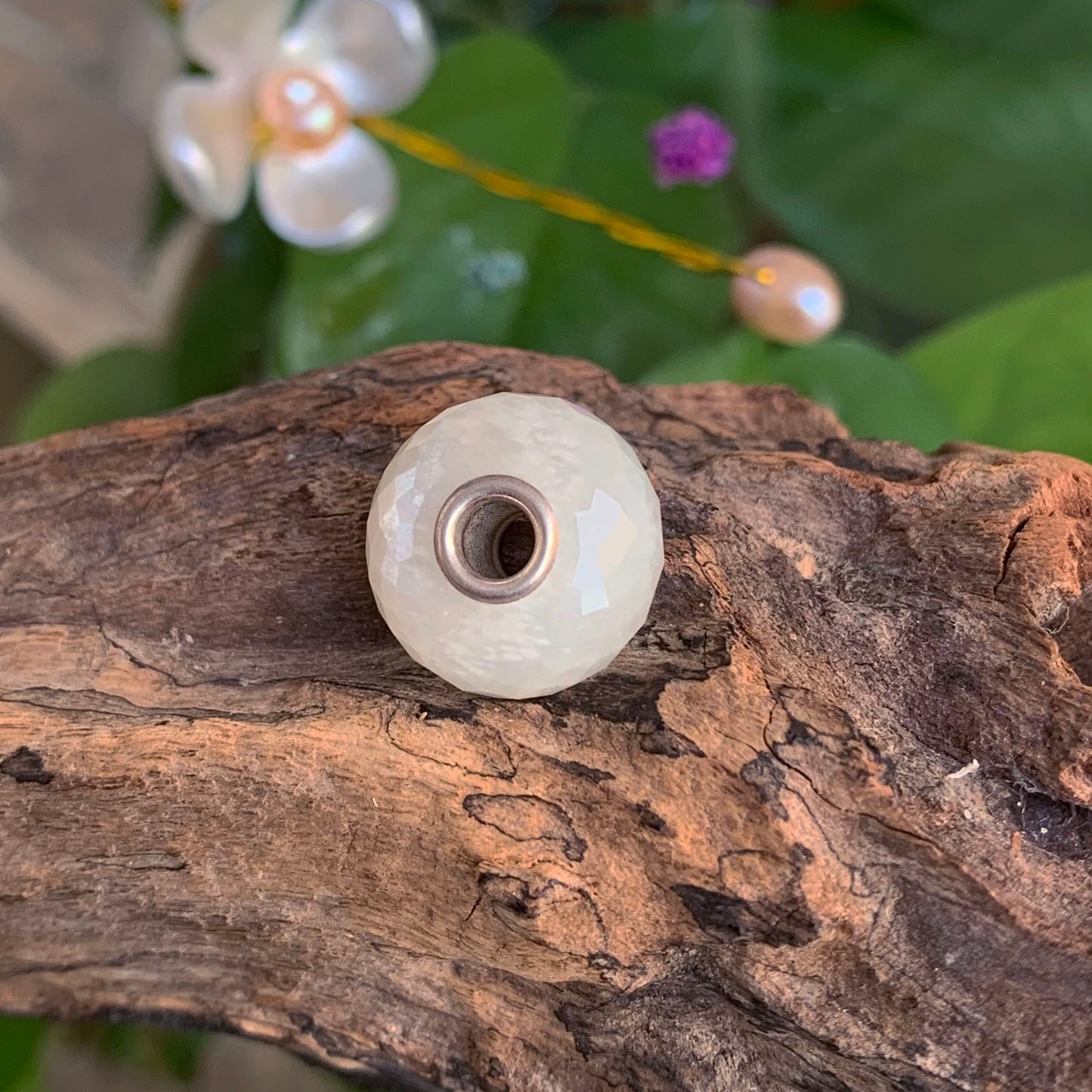 Healthy Gray Moonstone Faceted Bead with Small Silver Core for Charms