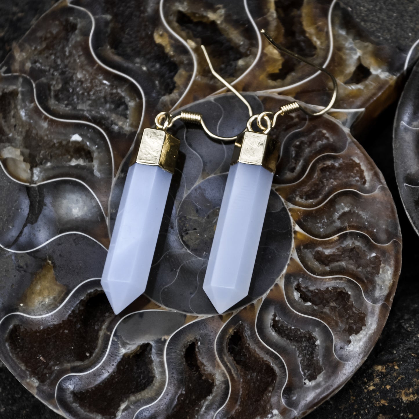 Gorgeous Hexagonal Shape Faceted Natural Blue Chalcedony Earring with Gold plated Copper Layering