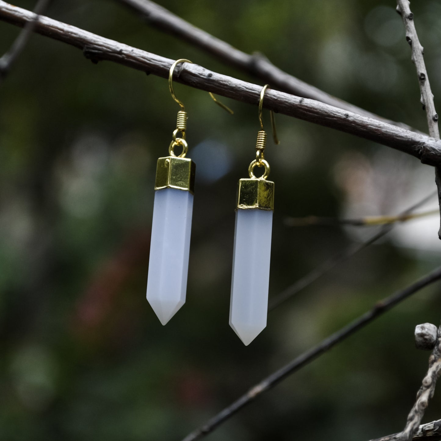 Gorgeous Hexagonal Shape Faceted Natural Blue Chalcedony Earring with Gold plated Copper Layering