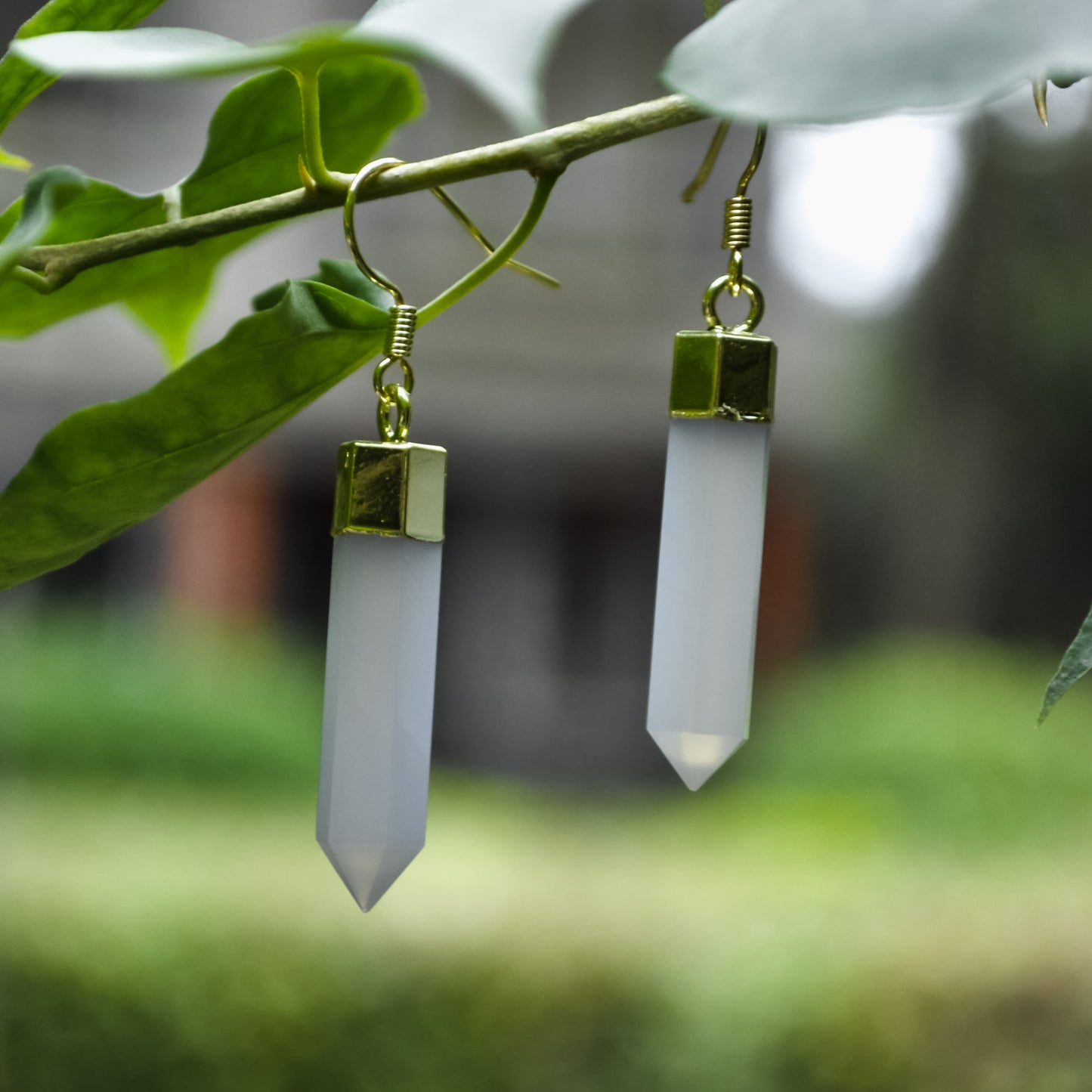 Gorgeous Hexagonal Shape Faceted Natural Blue Chalcedony Earring with Gold plated Copper Layering