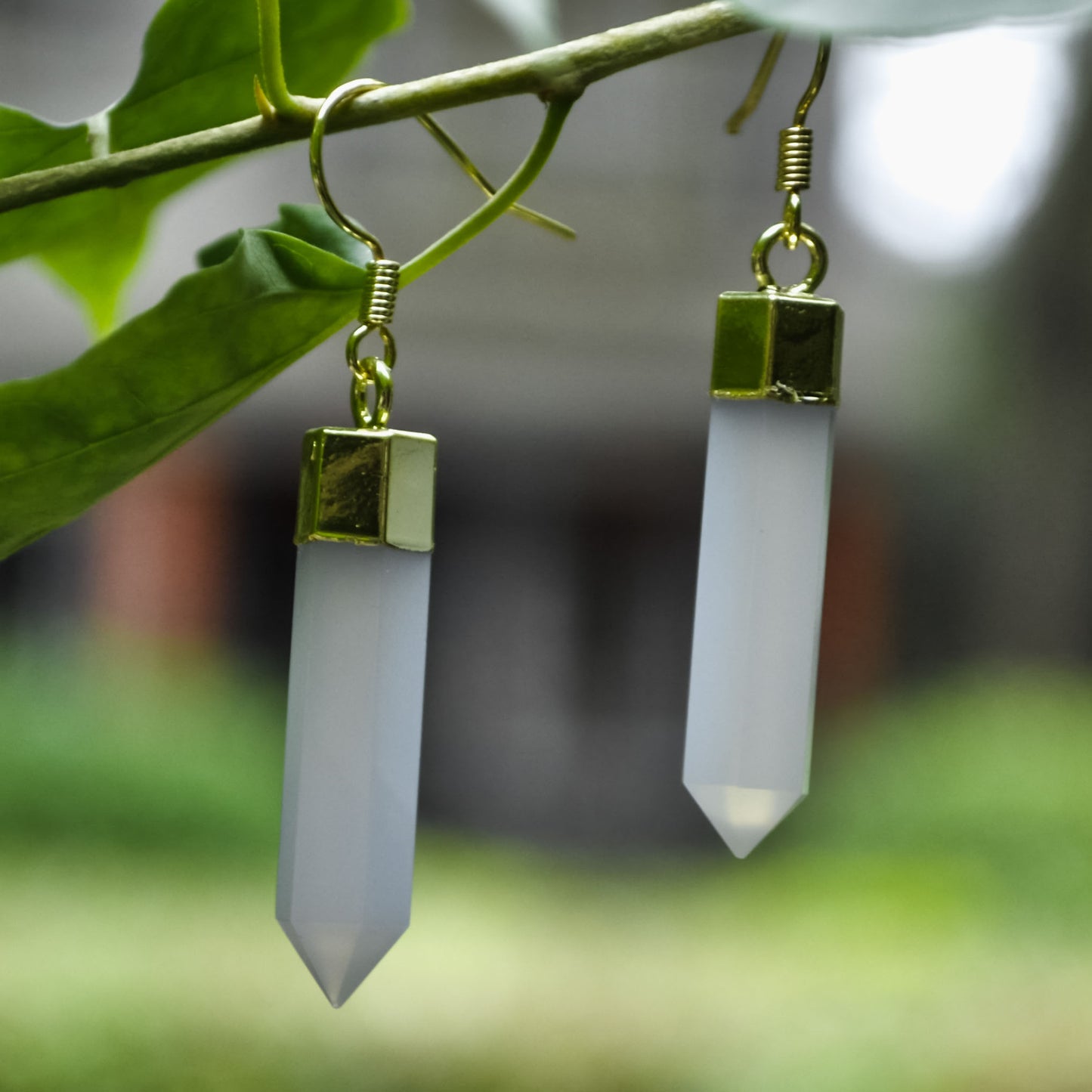 Gorgeous Hexagonal Shape Faceted Natural Blue Chalcedony Earring with Gold plated Copper Layering