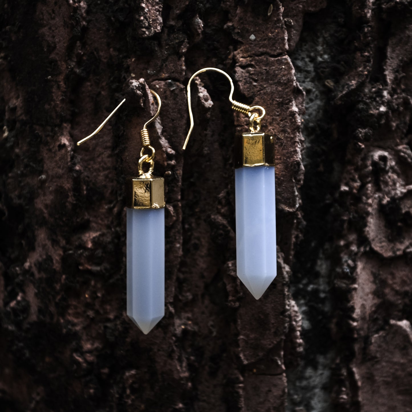 Gorgeous Hexagonal Shape Faceted Natural Blue Chalcedony Earring with Gold plated Copper Layering