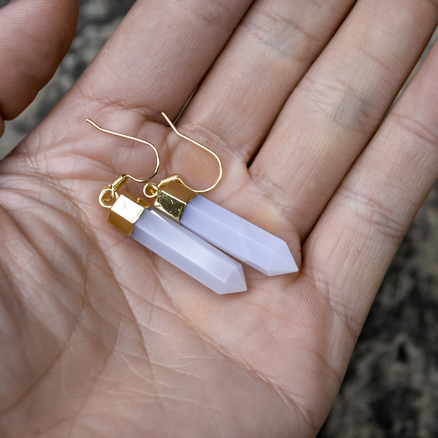 Gorgeous Hexagonal Shape Faceted Natural Blue Chalcedony Earring with Gold plated Copper Layering