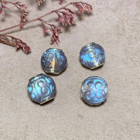 Round Carved Labradorite Mini 10mm Beads Natural Gemstone Artisanbeads with Silver Core For Some Pandora Bangle and Trollbeads Bracelets