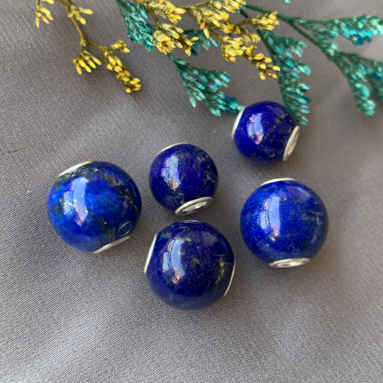 Mini Round Beads Lapis Lazuli Gemstone Small Core Beads with Silver Core Compatible for European Bracelets