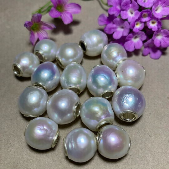 Unique Irregular Shape Large Size White Freshwater Pearl Beads Silver Core for European Charm Trollbeads Bracelets or Some Pandora Bangles